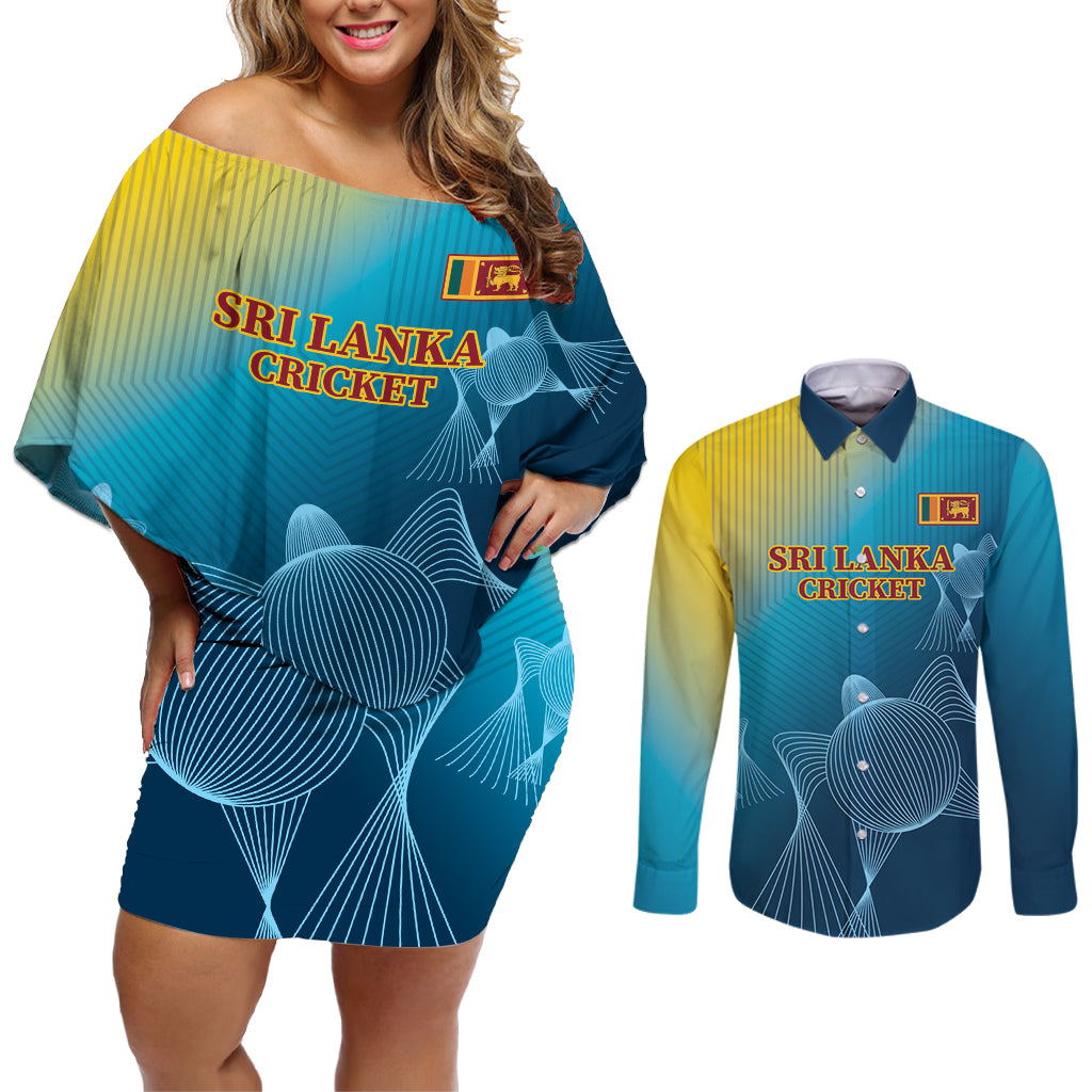 Custom Sri Lanka Cricket Couples Matching Off Shoulder Short Dress and Long Sleeve Button Shirt 2024 World Cup Go The Lions