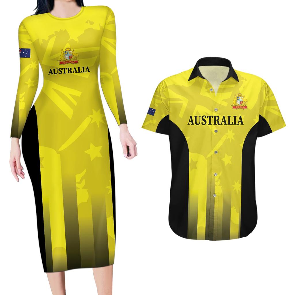 Custom Australia Cricket Couples Matching Long Sleeve Bodycon Dress and Hawaiian Shirt 2024 World Cup Go Aussie - Gold Version