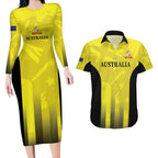 Custom Australia Cricket Couples Matching Long Sleeve Bodycon Dress and Hawaiian Shirt 2024 World Cup Go Aussie - Gold Version