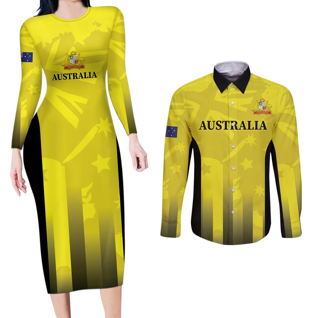 Custom Australia Cricket Couples Matching Long Sleeve Bodycon Dress and Long Sleeve Button Shirt 2024 World Cup Go Aussie - Gold Version