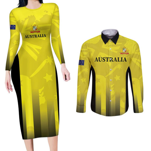 Custom Australia Cricket Couples Matching Long Sleeve Bodycon Dress and Long Sleeve Button Shirt 2024 World Cup Go Aussie - Gold Version