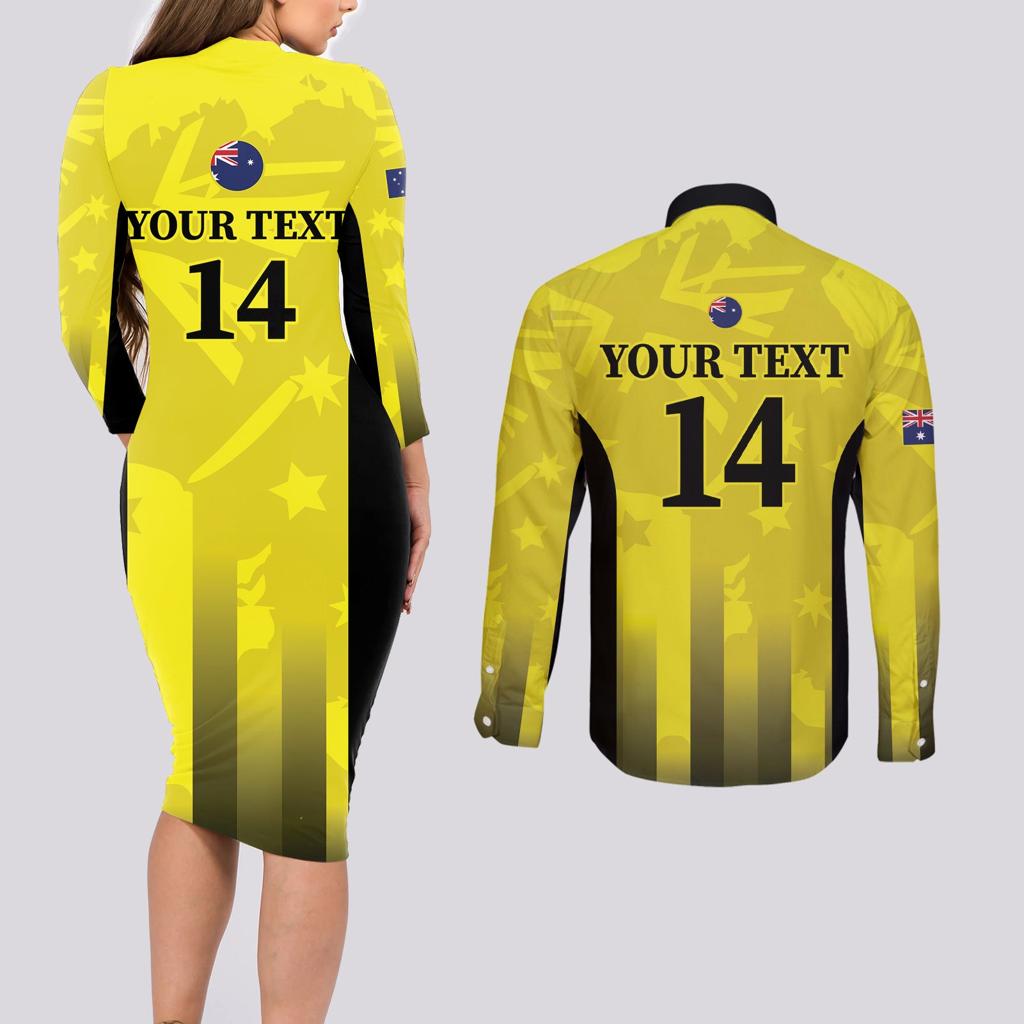 Custom Australia Cricket Couples Matching Long Sleeve Bodycon Dress and Long Sleeve Button Shirt 2024 World Cup Go Aussie - Gold Version