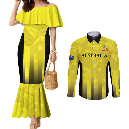 Custom Australia Cricket Couples Matching Mermaid Dress and Long Sleeve Button Shirt 2024 World Cup Go Aussie - Gold Version