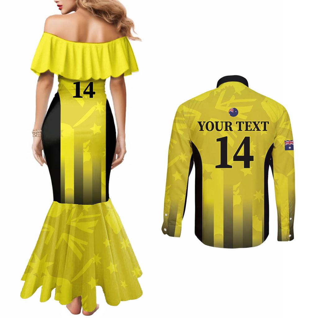 Custom Australia Cricket Couples Matching Mermaid Dress and Long Sleeve Button Shirt 2024 World Cup Go Aussie - Gold Version
