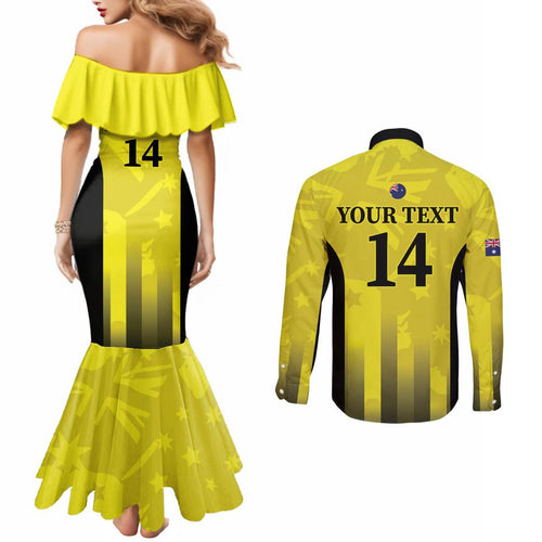 Custom Australia Cricket Couples Matching Mermaid Dress and Long Sleeve Button Shirt 2024 World Cup Go Aussie - Gold Version