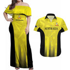 Custom Australia Cricket Couples Matching Off Shoulder Maxi Dress and Hawaiian Shirt 2024 World Cup Go Aussie - Gold Version