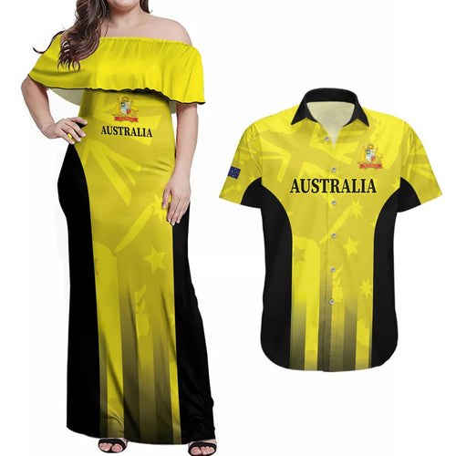 Custom Australia Cricket Couples Matching Off Shoulder Maxi Dress and Hawaiian Shirt 2024 World Cup Go Aussie - Gold Version