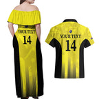 Custom Australia Cricket Couples Matching Off Shoulder Maxi Dress and Hawaiian Shirt 2024 World Cup Go Aussie - Gold Version
