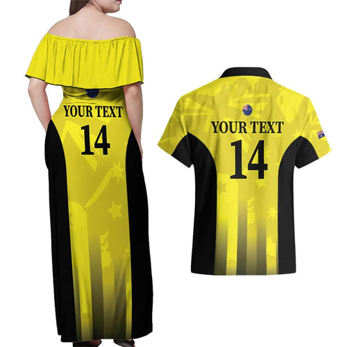 Custom Australia Cricket Couples Matching Off Shoulder Maxi Dress and Hawaiian Shirt 2024 World Cup Go Aussie - Gold Version