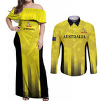 Custom Australia Cricket Couples Matching Off Shoulder Maxi Dress and Long Sleeve Button Shirt 2024 World Cup Go Aussie - Gold Version
