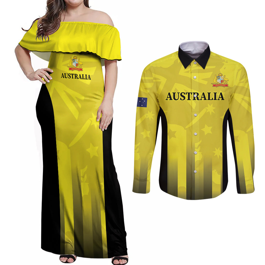 Custom Australia Cricket Couples Matching Off Shoulder Maxi Dress and Long Sleeve Button Shirt 2024 World Cup Go Aussie - Gold Version