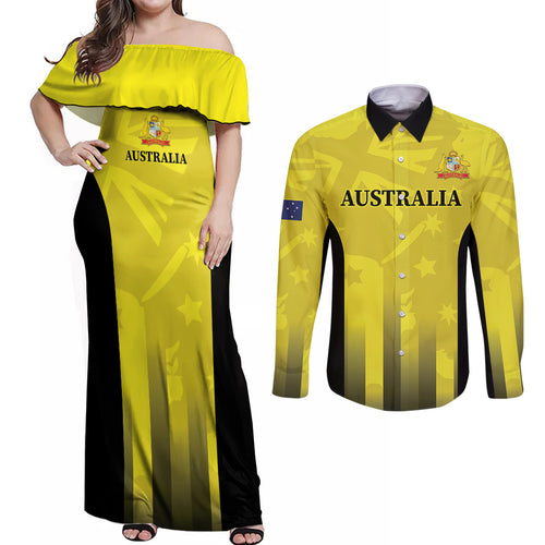 Custom Australia Cricket Couples Matching Off Shoulder Maxi Dress and Long Sleeve Button Shirt 2024 World Cup Go Aussie - Gold Version