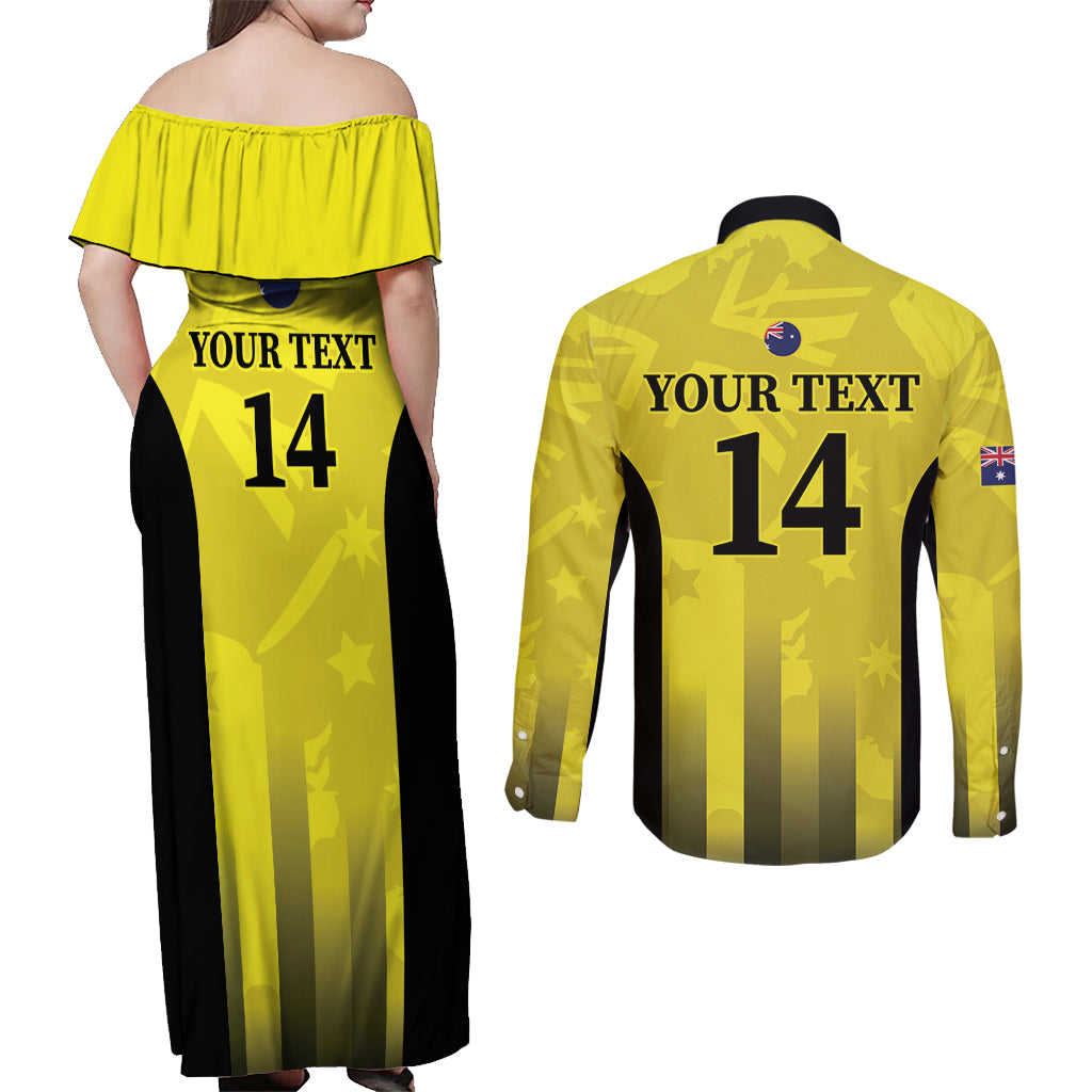 Custom Australia Cricket Couples Matching Off Shoulder Maxi Dress and Long Sleeve Button Shirt 2024 World Cup Go Aussie - Gold Version