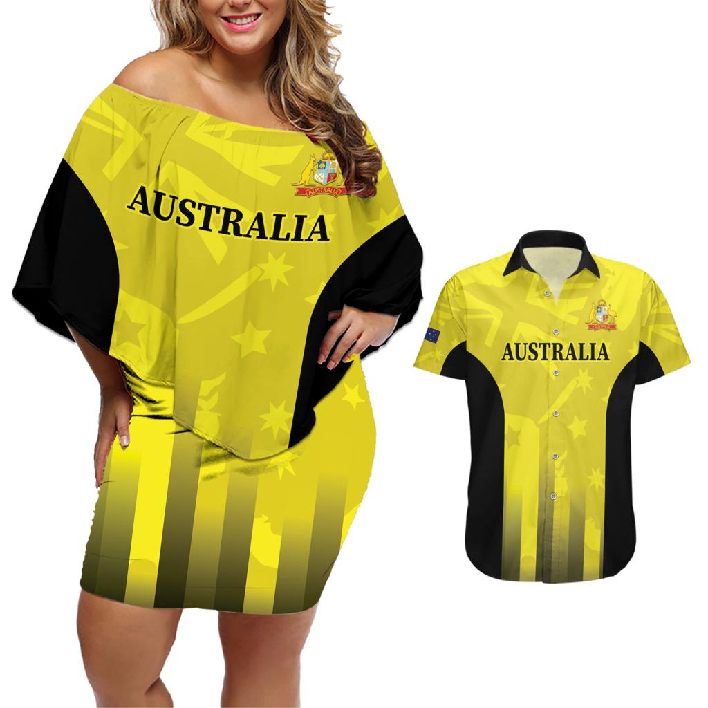 Custom Australia Cricket Couples Matching Off Shoulder Short Dress and Hawaiian Shirt 2024 World Cup Go Aussie - Gold Version