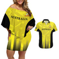 Custom Australia Cricket Couples Matching Off Shoulder Short Dress and Hawaiian Shirt 2024 World Cup Go Aussie - Gold Version