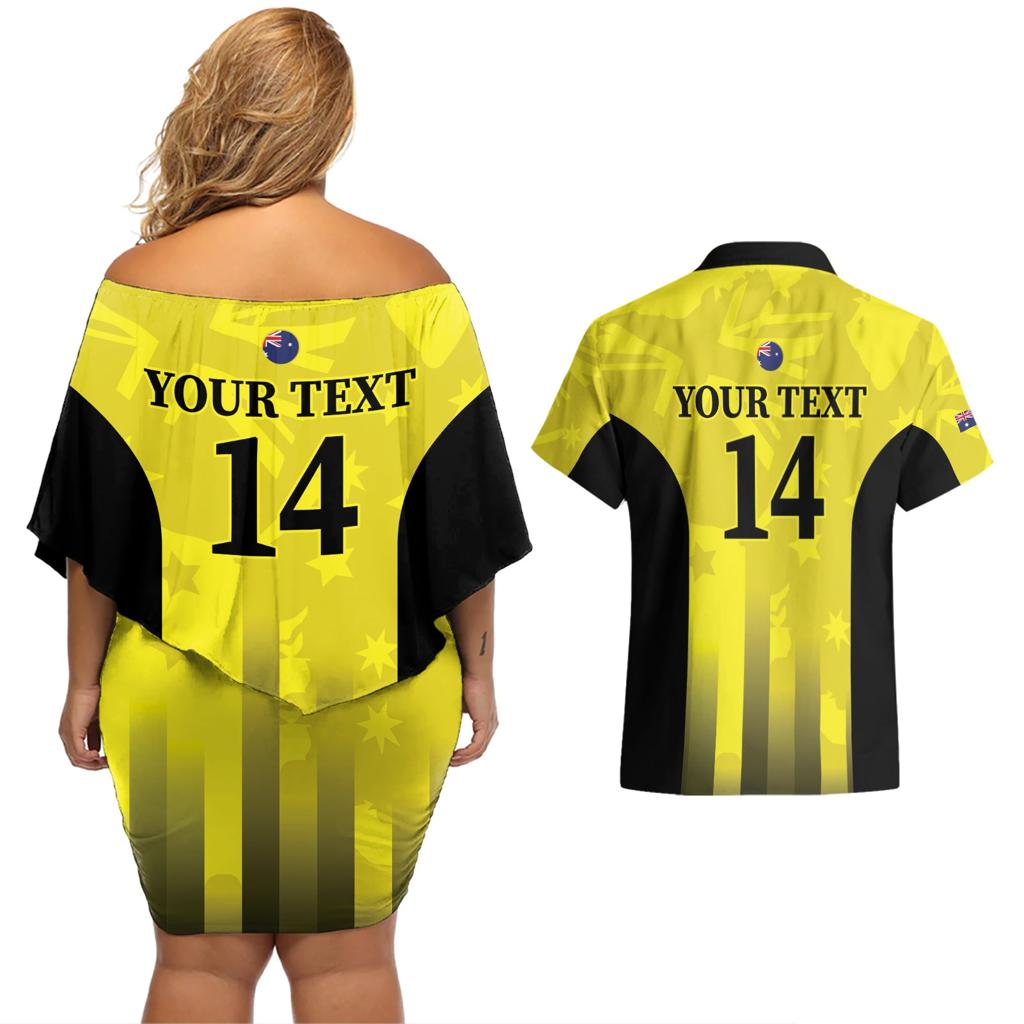 Custom Australia Cricket Couples Matching Off Shoulder Short Dress and Hawaiian Shirt 2024 World Cup Go Aussie - Gold Version