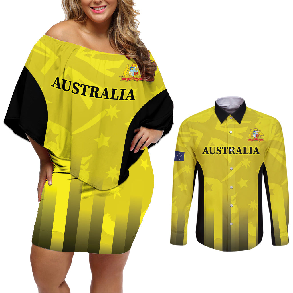 Custom Australia Cricket Couples Matching Off Shoulder Short Dress and Long Sleeve Button Shirt 2024 World Cup Go Aussie - Gold Version
