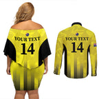 Custom Australia Cricket Couples Matching Off Shoulder Short Dress and Long Sleeve Button Shirt 2024 World Cup Go Aussie - Gold Version