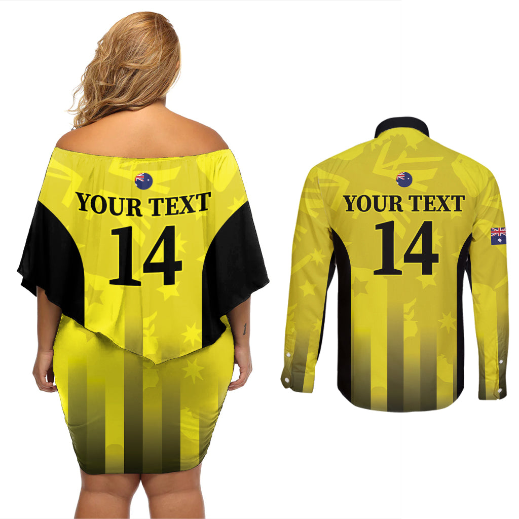 Custom Australia Cricket Couples Matching Off Shoulder Short Dress and Long Sleeve Button Shirt 2024 World Cup Go Aussie - Gold Version