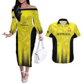 Custom Australia Cricket Couples Matching Off The Shoulder Long Sleeve Dress and Hawaiian Shirt 2024 World Cup Go Aussie - Gold Version