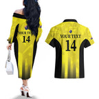 Custom Australia Cricket Couples Matching Off The Shoulder Long Sleeve Dress and Hawaiian Shirt 2024 World Cup Go Aussie - Gold Version