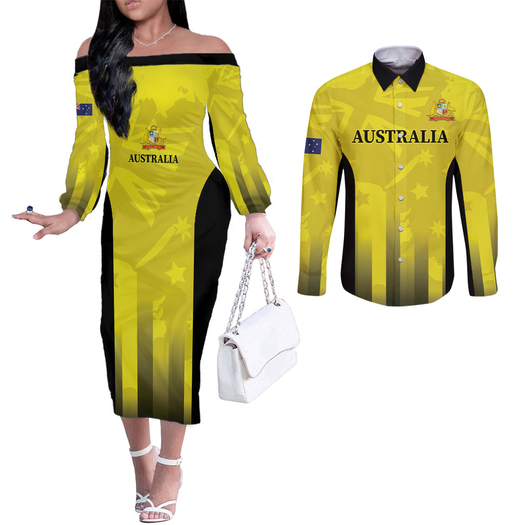 Custom Australia Cricket Couples Matching Off The Shoulder Long Sleeve Dress and Long Sleeve Button Shirt 2024 World Cup Go Aussie - Gold Version