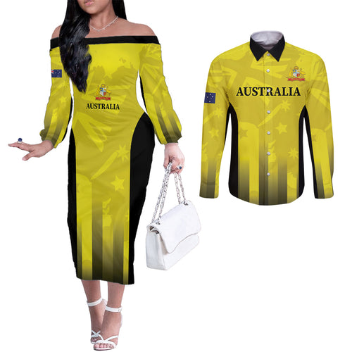 Custom Australia Cricket Couples Matching Off The Shoulder Long Sleeve Dress and Long Sleeve Button Shirt 2024 World Cup Go Aussie - Gold Version
