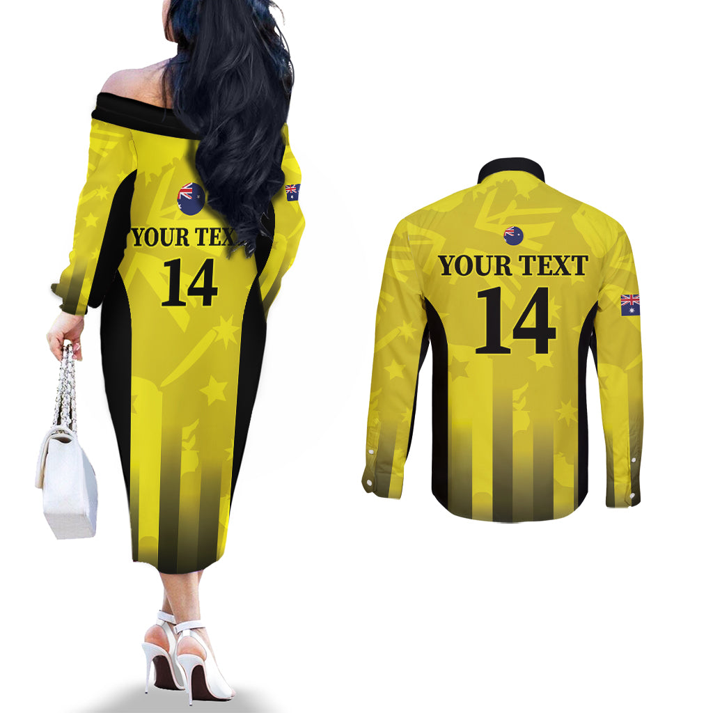 Custom Australia Cricket Couples Matching Off The Shoulder Long Sleeve Dress and Long Sleeve Button Shirt 2024 World Cup Go Aussie - Gold Version