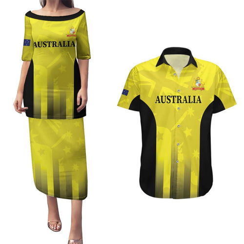 Custom Australia Cricket Couples Matching Puletasi and Hawaiian Shirt 2024 World Cup Go Aussie - Gold Version
