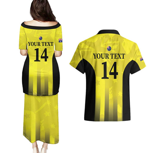Custom Australia Cricket Couples Matching Puletasi and Hawaiian Shirt 2024 World Cup Go Aussie - Gold Version
