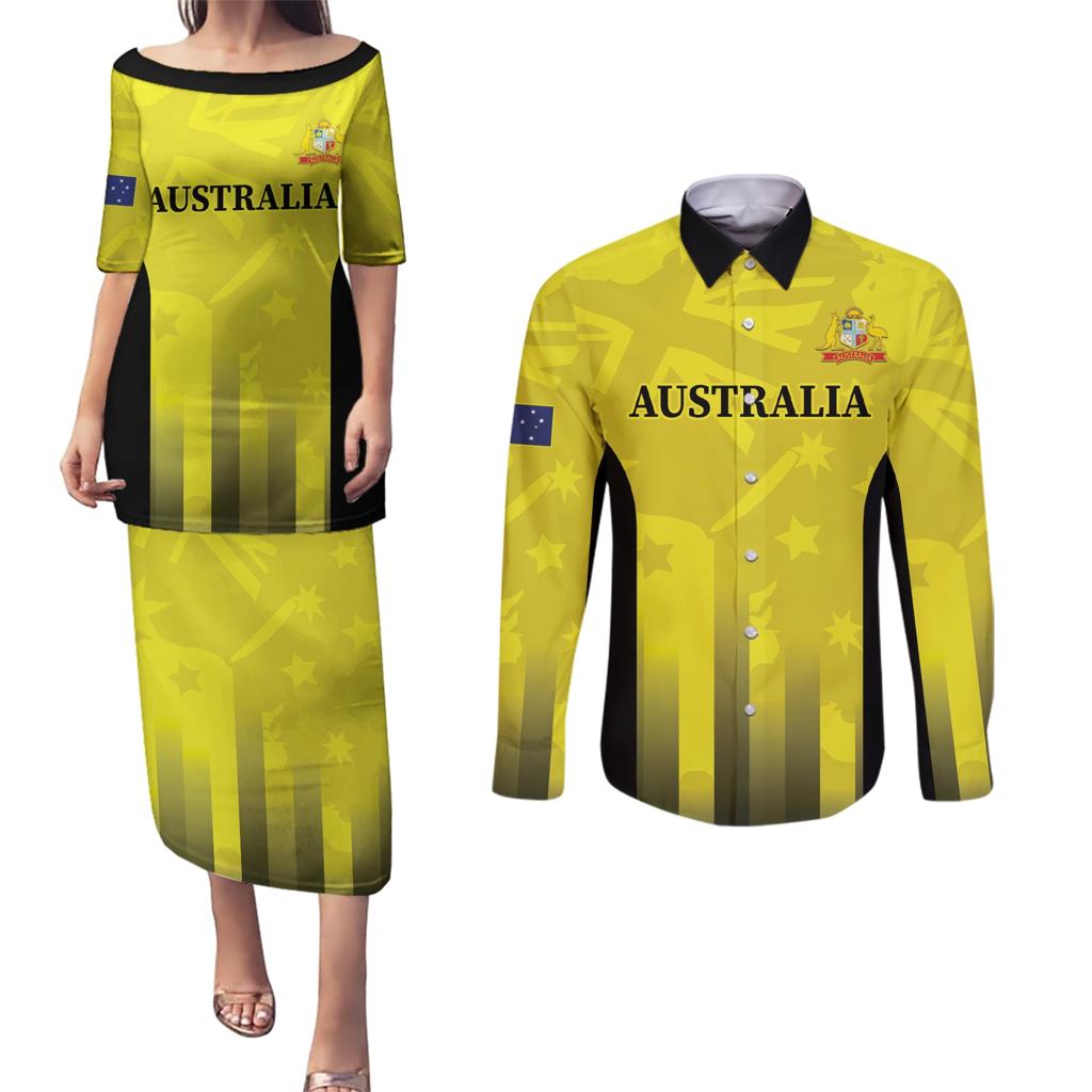 Custom Australia Cricket Couples Matching Puletasi and Long Sleeve Button Shirt 2024 World Cup Go Aussie - Gold Version