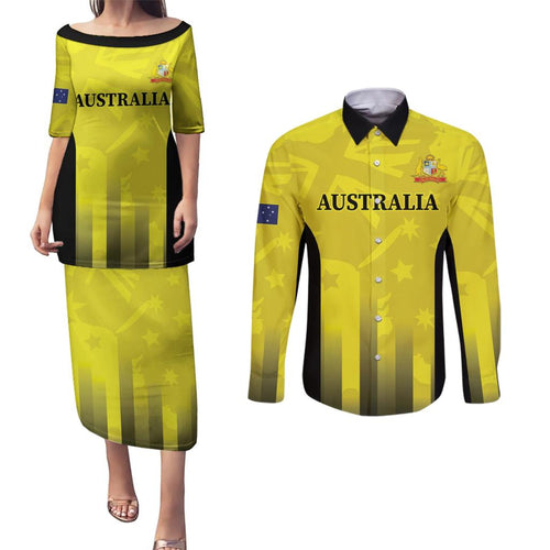 Custom Australia Cricket Couples Matching Puletasi and Long Sleeve Button Shirt 2024 World Cup Go Aussie - Gold Version