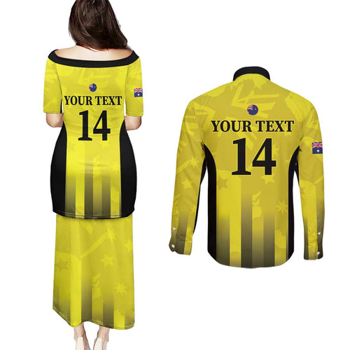 Custom Australia Cricket Couples Matching Puletasi and Long Sleeve Button Shirt 2024 World Cup Go Aussie - Gold Version