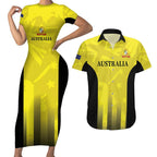 Custom Australia Cricket Couples Matching Short Sleeve Bodycon Dress and Hawaiian Shirt 2024 World Cup Go Aussie - Gold Version