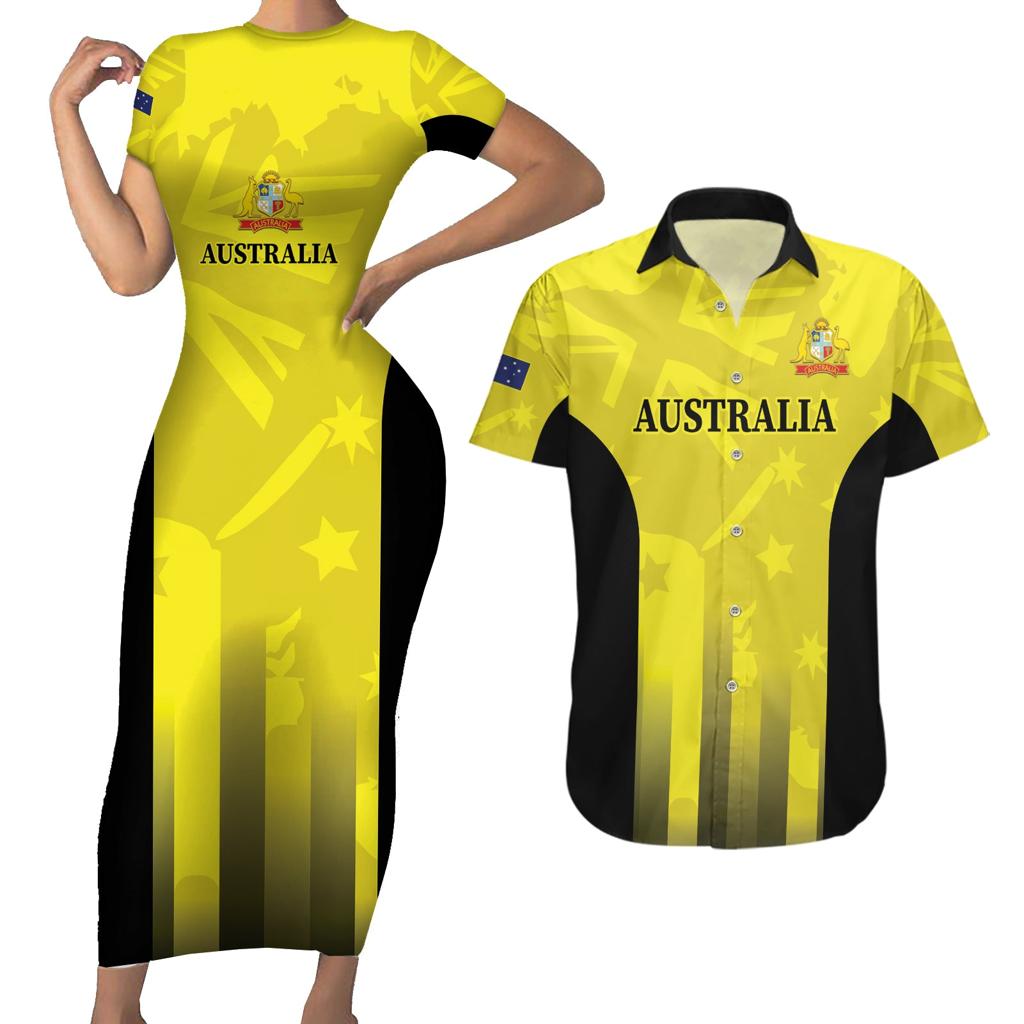 Custom Australia Cricket Couples Matching Short Sleeve Bodycon Dress and Hawaiian Shirt 2024 World Cup Go Aussie - Gold Version