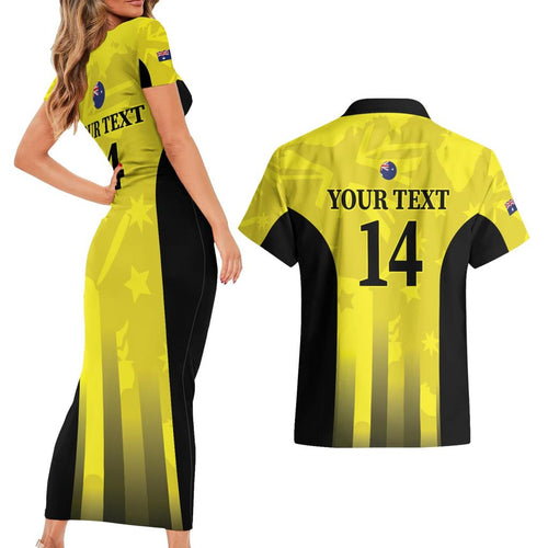 Custom Australia Cricket Couples Matching Short Sleeve Bodycon Dress and Hawaiian Shirt 2024 World Cup Go Aussie - Gold Version