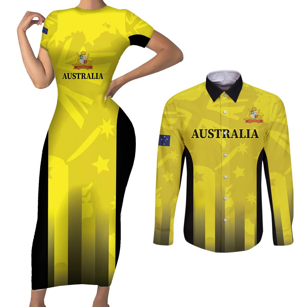 Custom Australia Cricket Couples Matching Short Sleeve Bodycon Dress and Long Sleeve Button Shirt 2024 World Cup Go Aussie - Gold Version
