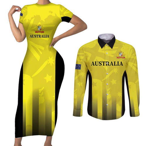 Custom Australia Cricket Couples Matching Short Sleeve Bodycon Dress and Long Sleeve Button Shirt 2024 World Cup Go Aussie - Gold Version