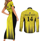 Custom Australia Cricket Couples Matching Short Sleeve Bodycon Dress and Long Sleeve Button Shirt 2024 World Cup Go Aussie - Gold Version