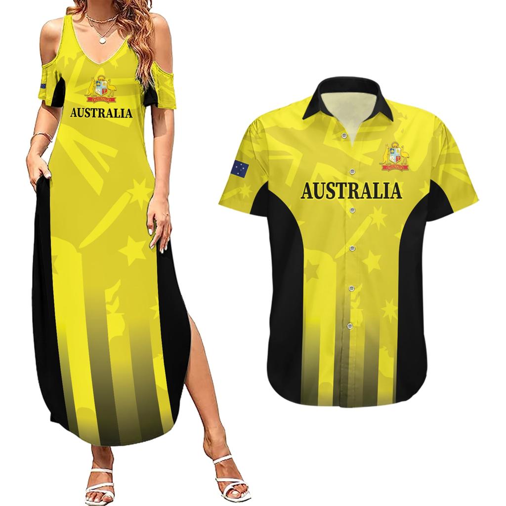 Custom Australia Cricket Couples Matching Summer Maxi Dress and Hawaiian Shirt 2024 World Cup Go Aussie - Gold Version