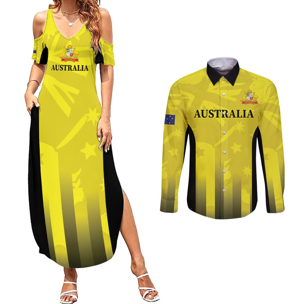 Custom Australia Cricket Couples Matching Summer Maxi Dress and Long Sleeve Button Shirt 2024 World Cup Go Aussie - Gold Version