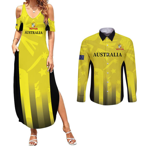 Custom Australia Cricket Couples Matching Summer Maxi Dress and Long Sleeve Button Shirt 2024 World Cup Go Aussie - Gold Version