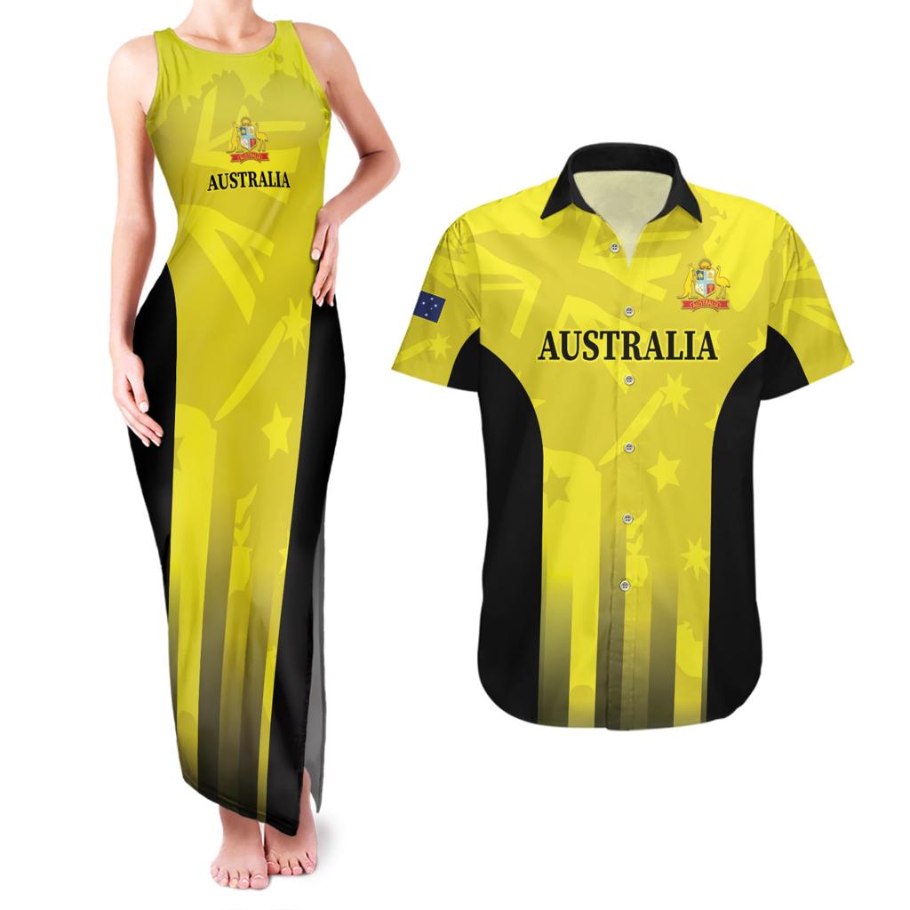 Custom Australia Cricket Couples Matching Tank Maxi Dress and Hawaiian Shirt 2024 World Cup Go Aussie - Gold Version