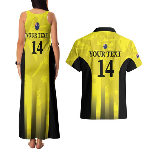 Custom Australia Cricket Couples Matching Tank Maxi Dress and Hawaiian Shirt 2024 World Cup Go Aussie - Gold Version