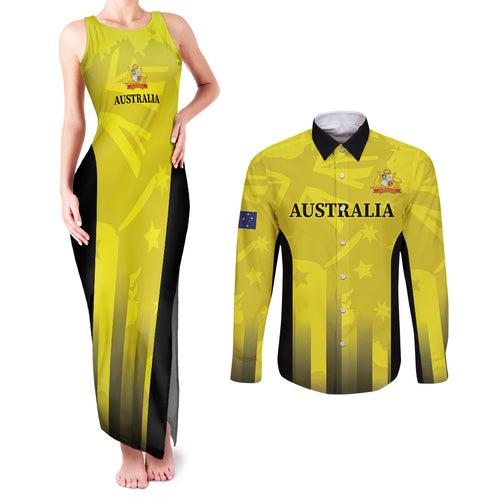Custom Australia Cricket Couples Matching Tank Maxi Dress and Long Sleeve Button Shirt 2024 World Cup Go Aussie - Gold Version