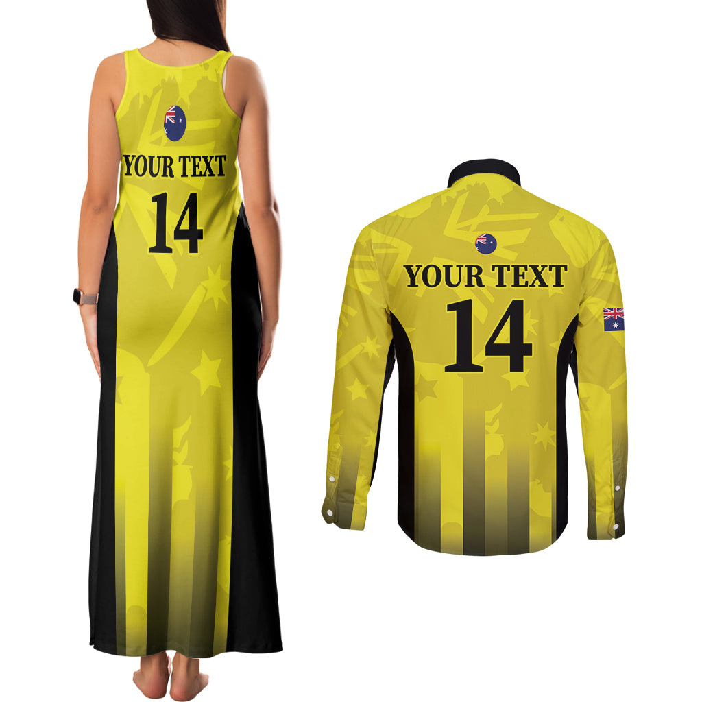 Custom Australia Cricket Couples Matching Tank Maxi Dress and Long Sleeve Button Shirt 2024 World Cup Go Aussie - Gold Version
