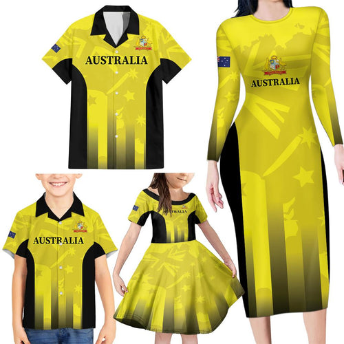 Custom Australia Cricket Family Matching Long Sleeve Bodycon Dress and Hawaiian Shirt 2024 World Cup Go Aussie - Gold Version