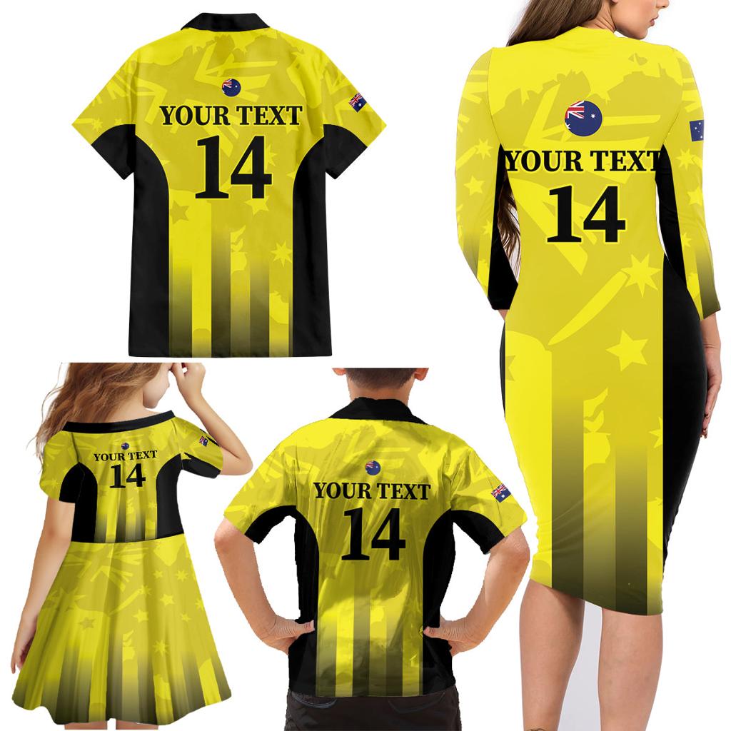 Custom Australia Cricket Family Matching Long Sleeve Bodycon Dress and Hawaiian Shirt 2024 World Cup Go Aussie - Gold Version