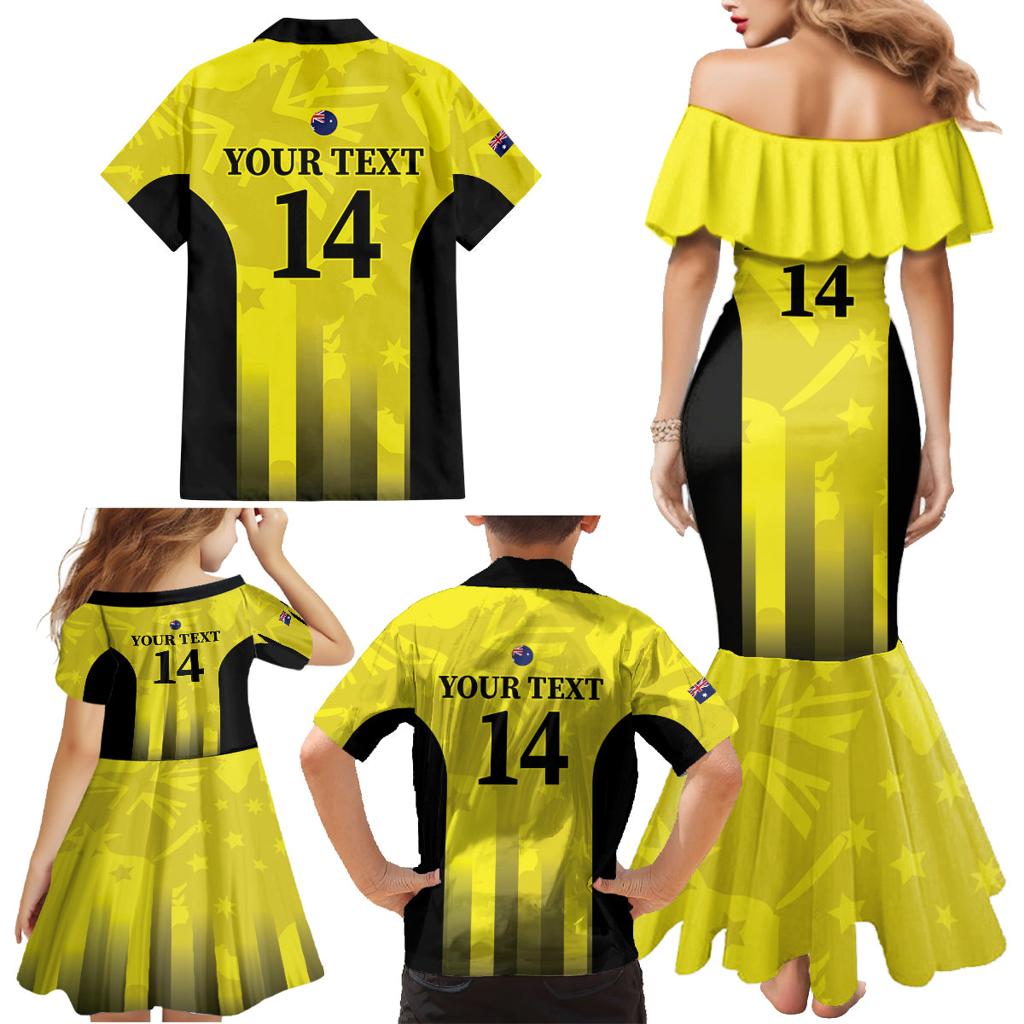 Custom Australia Cricket Family Matching Mermaid Dress and Hawaiian Shirt 2024 World Cup Go Aussie - Gold Version