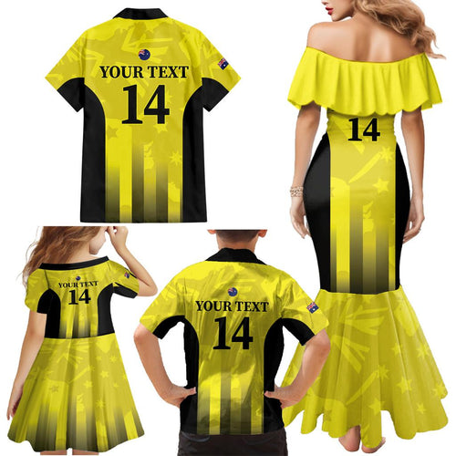 Custom Australia Cricket Family Matching Mermaid Dress and Hawaiian Shirt 2024 World Cup Go Aussie - Gold Version